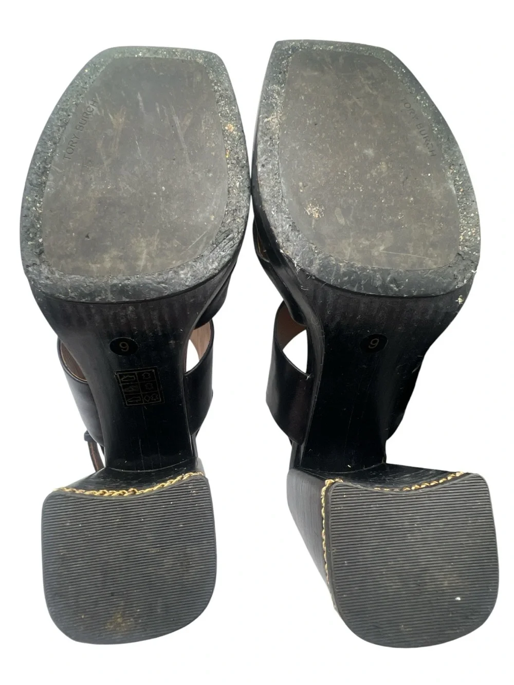 Tory Burch‎ Ruby Chain Slingback Block Heel Sandals Black Leather Size 9
